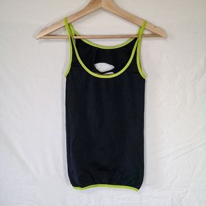 Slim Fit And Stretchy Tank Top With Neon Green Straps And Shredded Cutout Detail